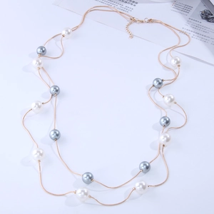 Double-layer long pearl sweater necklace with white and silver-grey pearls on gold chain