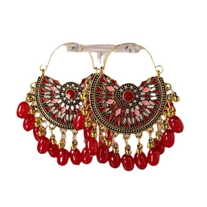 Bohemian fan-shaped tassel earrings with gold filigree and red teardrop beads
