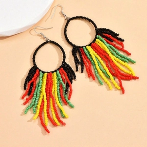 Bohemian beaded tassel hoop earrings with colorful handmade ethnic fringe design