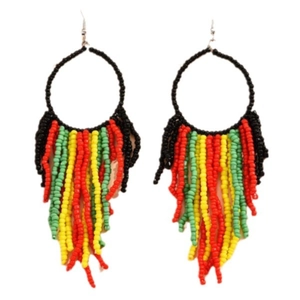 Bohemian beaded tassel hoop earrings with red yellow green black fringe on white background
