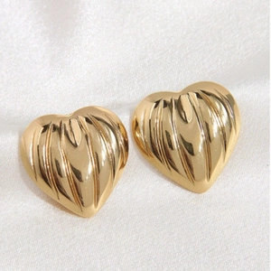 Trendy Heart Stud Earrings Gold Plated Stainless Steel Ribbed Textured Vertical Pleats Minimalist For Women