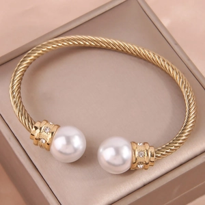 Elegant Alloy Artificial Pearl Rhinestone Cuff Bangle For Women Twisted Cable Rope Opening Bracelet For Party Daily Fashion Jewelry