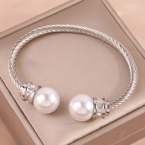 Elegant silver twisted rope open cuff bracelet with large pearls and sparkling micro-pave crystals