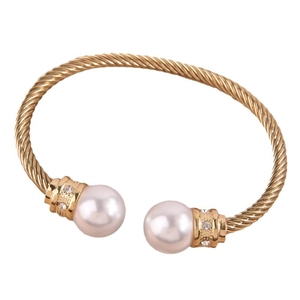 Elegant gold twisted wire open bangle with twin pearls and sparkling diamond accents