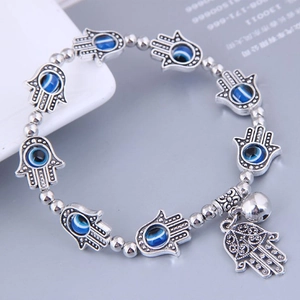 Hamsa Hand Evil Eye Beaded Bracelet Alloy Ethnic Vintage Bohemian Protection Jewelry With Bell Charm For Women