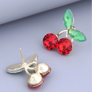 Elegant cherry stud earrings with red and green crystals on gold-plated metal base