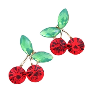 Sweet red crystal cherry stud earrings with green leaf and gold finish on white background