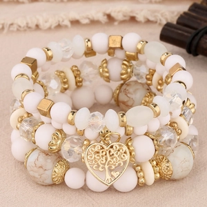Bracelet Multicouche En Perles Bohème Pendentif Cœur Arbre De Vie En Alliage Perles Givrées Facettées Ethnique Femme