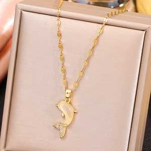 Collier Pendentif Dauphin Cuivre Plaqué Or Argent Avec Pierre Oeil De Chat Et Zircone Bijoux Thème Océan Pour Femmes