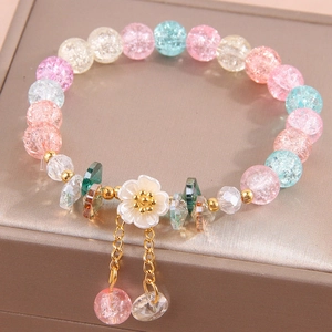 Women Beaded Bracelet Alloy Cracked Glass Beads White Flower Charm Gold Tassels Sweet Elegant Fashion Jewelry Accessory