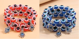 Three-layer Evil Eye beaded bracelets with Hamsa Hand charms in red and blue styles