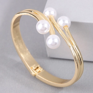 Elegant Alloy Artificial Pearl Cuff Bangle Bracelet For Women Double Row Minimalist Fashion Jewelry Hinged Polished Metal Accessory