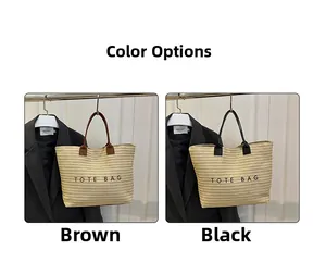 Comparison of brown and black leather handles on large straw tote bags with embroidery