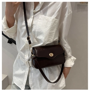 Detail showing the dark brown leather crossbody bag worn by a model in soft light