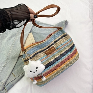 Women Striped Straw Woven Shoulder Bag Bohemian Summer Beach Vacation Bucket Bag With Cloud Pendant Casual Slouchy Tote
