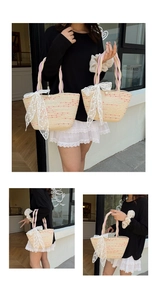 Detail of hand-woven cotton rope bag with large white lace bow and pearl accent