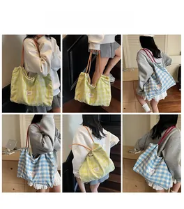 Collage of checkered canvas tote bags in yellow-green and blue-white with drawstrings