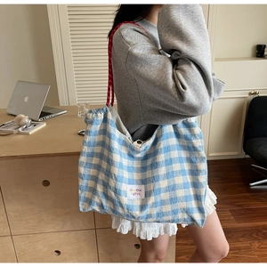 Detail of blue and white checkered tote bag featuring red rope straps and textured fabric