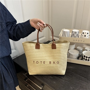 Large Capacity Straw Woven Tote Bag With PU Leather Handles Summer Beach Vacation Casual Handbag Women Letter Embroidery