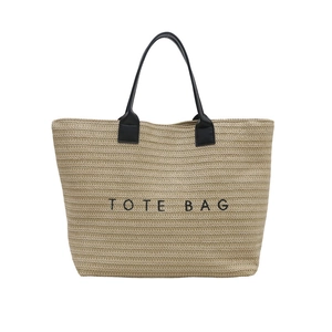 Large summer straw tote bag with black leather handles and TOTE BAG print