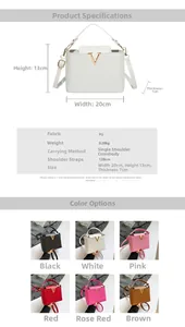Infographic showing dimensions and multi-color options for the V-logo crossbody bag