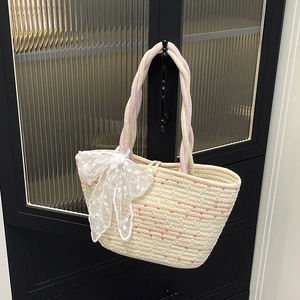 Women Beach Vacation Woven Handbag Cotton Rope Bucket Bag With White Lace Bow Artificial Pearl Buckle Polka Dot Summer Straw Bag