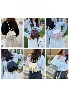 Collage of drawstring backpacks for women in six colors showing various carrying styles