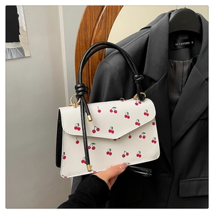 Women Fashion Cherry Print PU Leather Handbag 2025 Trend Casual Niche Design Small Square Bag Messenger Crossbody Bag With Knotted Handle