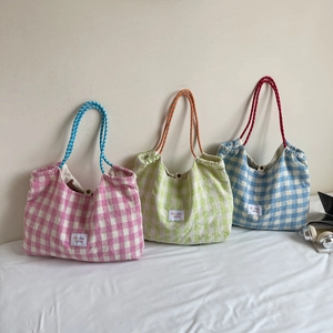 Fashionable Women Checkerboard Tote Bag Cloth Large Capacity Shoulder Bag Casual Gingham Style Shopping Bag Travel Handbag