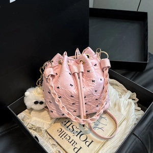 Women's Nylon Pleated Bucket Bag With Bow Print Braided Handle Drawstring Crossbody Bag Sweet Fashion Handbag