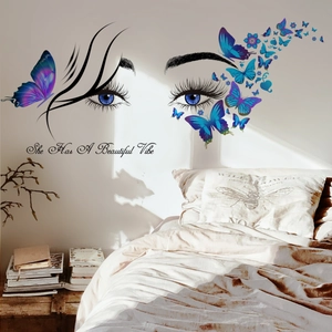 Sticker Mural Yeux Cils Femme Avec Papillons Bleu Violet Citation Inscription Artistique PVC Amovible Murale pour Décoration de Chambre