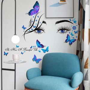 Sticker mural moderne avec yeux, papillons bleus et citation pour décoration de chambre