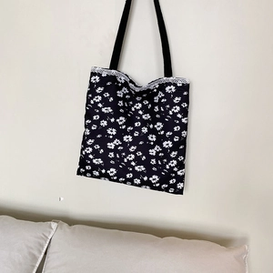 Women Floral Lace Canvas Tote Bag Korean Ins Style Large Capacity Shoulder Bag Casual Shopper Handbag