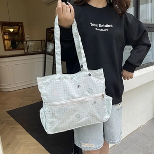 Japanese style green checkered canvas tote bag with star prints and multi-pocket design