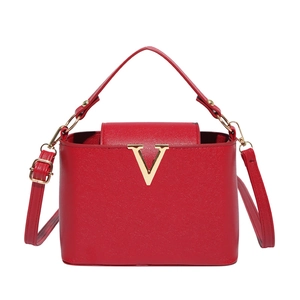 Elegant red litchi texture handbag with gold V-shape buckle for women's crossbody use