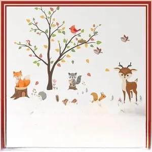 Detail of forest animal wall stickers with autumn trees deer fox and cute squirrel decals