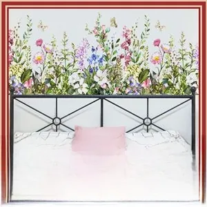 Pastel floral wall stickers with pink and purple wildflowers for bedroom background decor