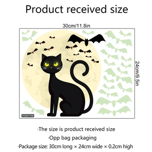 Luminous Halloween wall stickers featuring a black cat, full moon, and green bats 30x24cm