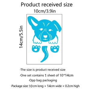 Detailed dimensions of blue glow-in-the-dark puppy wall sticker measuring 14x10cm