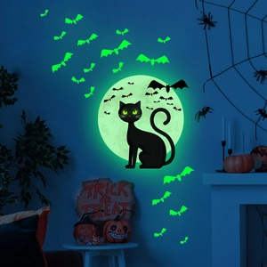 Luminous Halloween wall stickers featuring black cat, glowing moon, and bats for decor