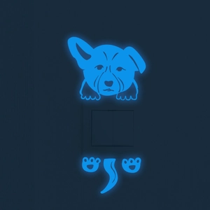 Glow-in-the-dark blue puppy wall decal set decorating a light switch in the dark