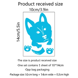 Detailed size chart for dog wall sticker showing 10cm x 14cm dimensions and OPP bag packaging
