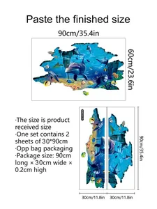 Detailed size guide showing finished 90x60cm dimensions for 3D dolphin ocean wall stickers