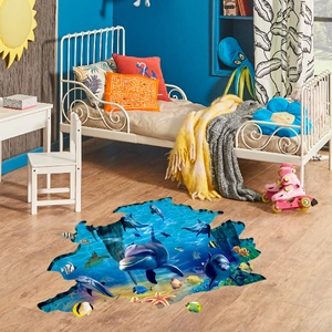 3D Ocean World Dolphin Wall Stickers Removable PVC Waterproof Floor Decals For Kids Room Bathroom Decor Underwater Theme