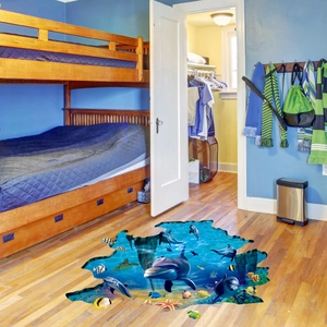 3D ocean world floor sticker with dolphins and coral reef for bedroom decoration