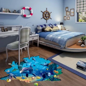 Detailed 3D ocean floor sticker featuring dolphins and fish in a themed kids room