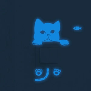 Luminous blue cat themed wall stickers glowing around a light switch in the dark