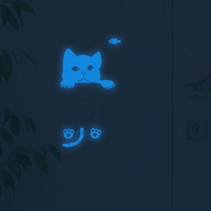 Glow-in-the-dark blue cat wall stickers featuring a kitten and small fish for switches