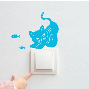 Glow-in-the-dark blue cartoon cat wall sticker for light switch decor in home