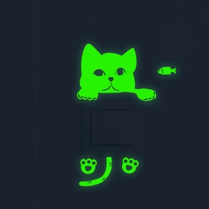 Glow in the dark cat and fish wall stickers for light switch decoration in bright green